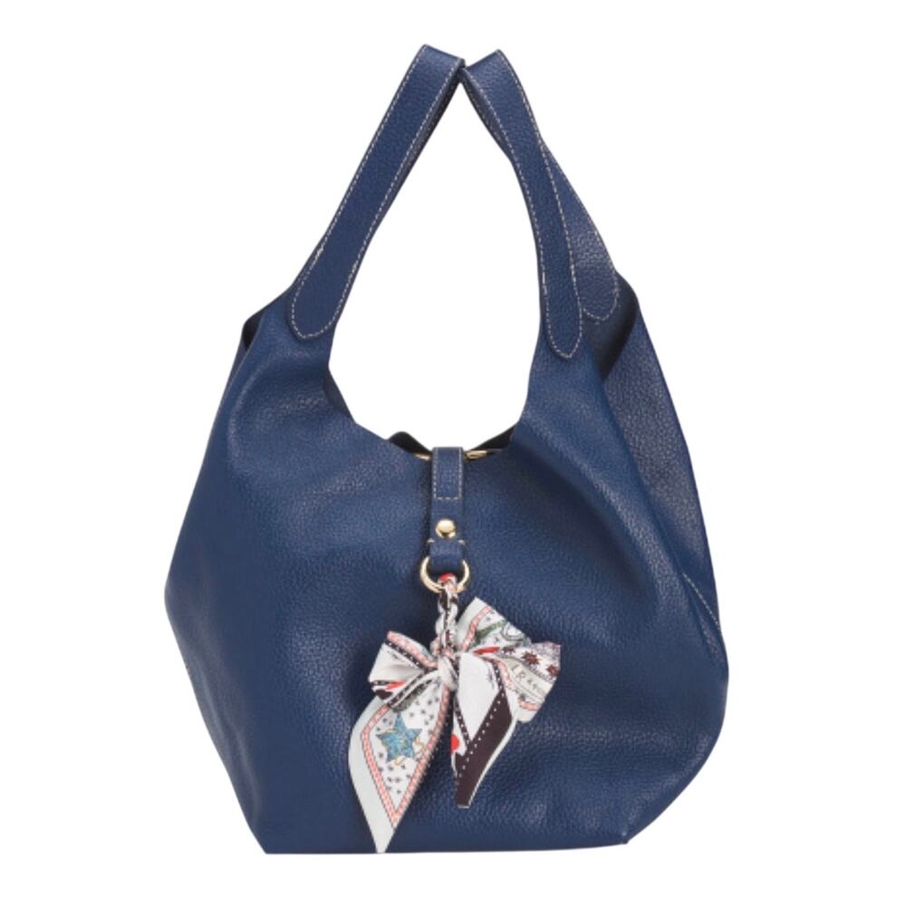 La Via Firenze Italian Pebbled Leather Double Handle Shopper Tote Navy Blue